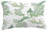 China Old Floral Print Throw Pillow With Linen Texture, Green, 14"x20"