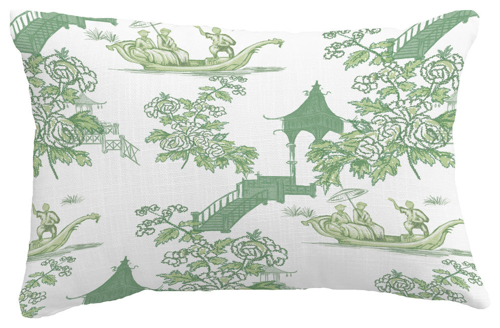 China Old Floral Print Throw Pillow With Linen Texture, Green, 14"x20"