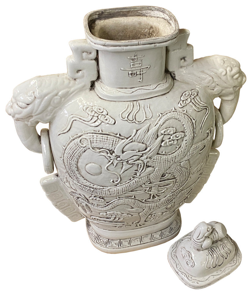 Chinese Ceramic Off White Color Dragon Elephant Ear Large Jar Hws1371