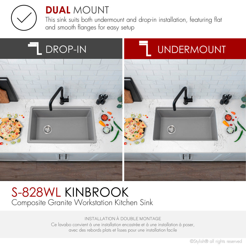 Stylish 28" Dual Mount Single Bowl Gray Granite Kitchen Sink