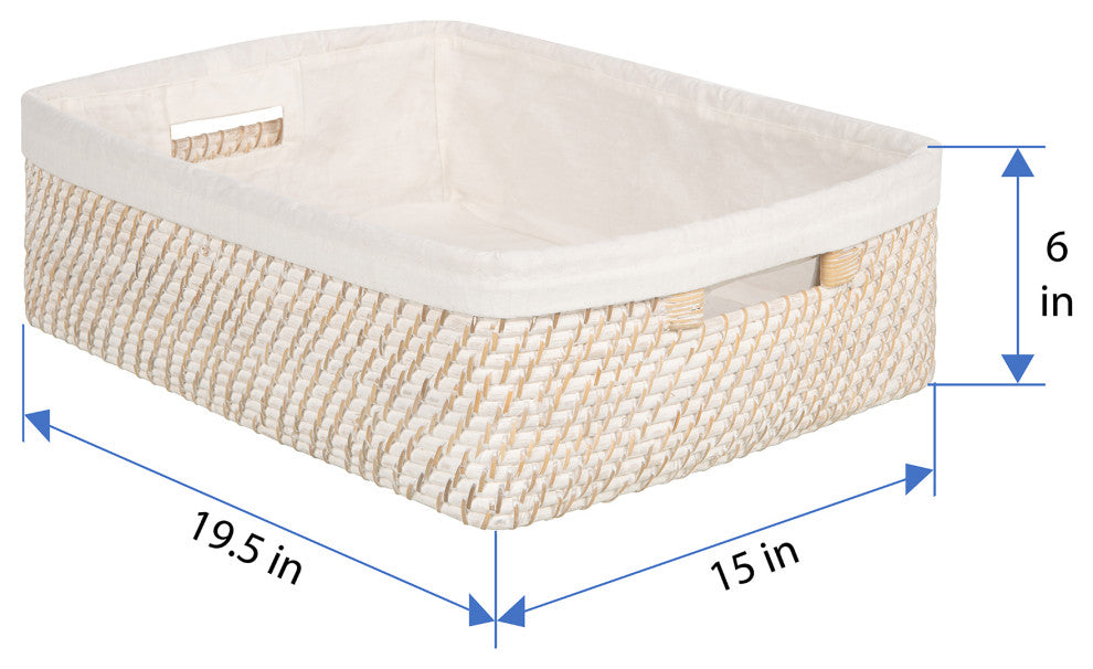 Laguna Rattan Shelf Basket With Cotton Liner, White Wash