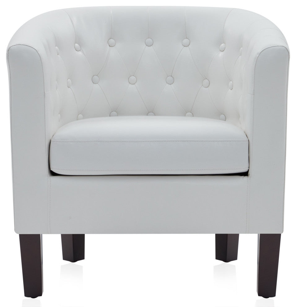 Upholstered Tufted Barrel Chair Roll Armrest Accent Chair, Faux Leather, White