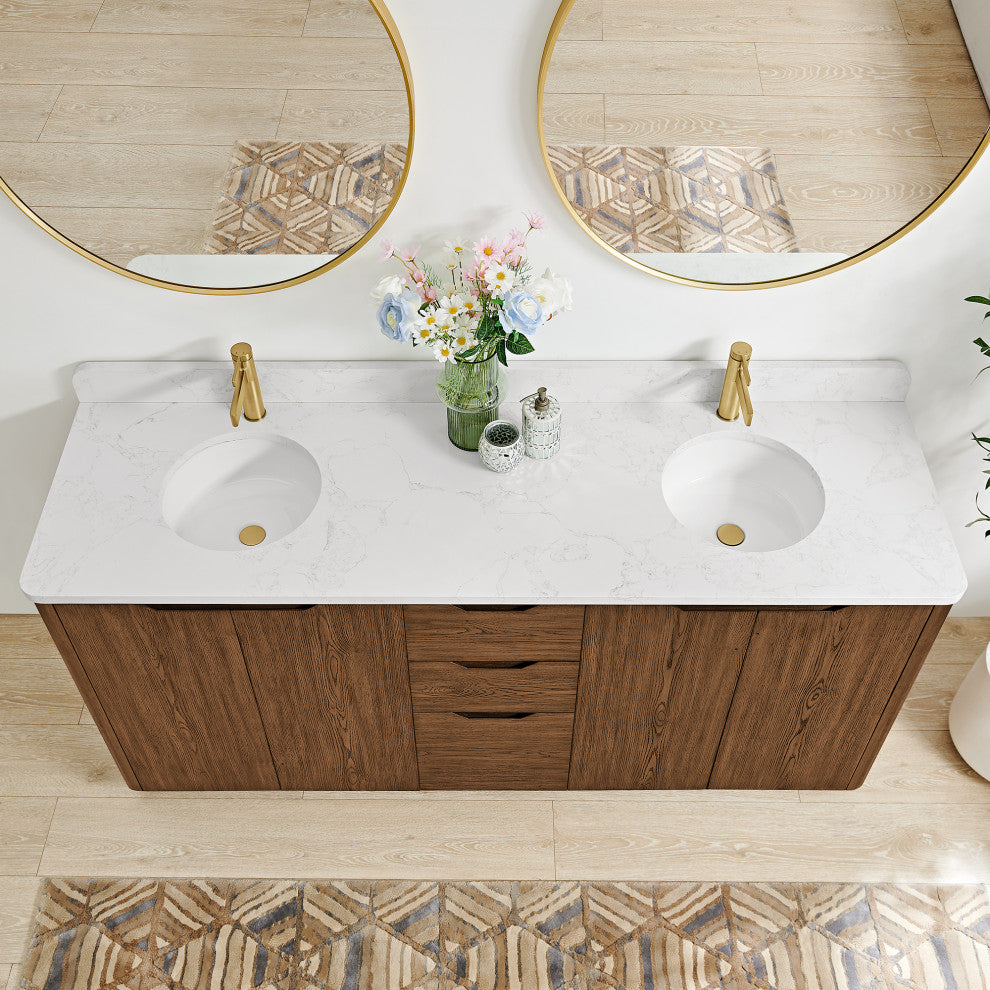 Abuja Bathroom Vanity, Stone Top, No Mirror, Oak Weathered Brown, 72", Double Vanity