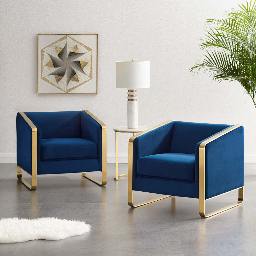 Armchair Accent Chair, Set of 2, Velvet, Metal, Blue Navy, Modern, Lounge