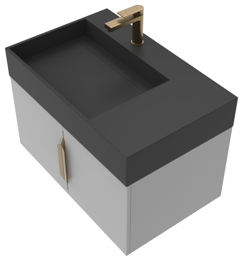 CastelloUSA Amazon 30" Left Wall Mounted Bathroom Vanity Set, Gray, Black Top, Gold Handles