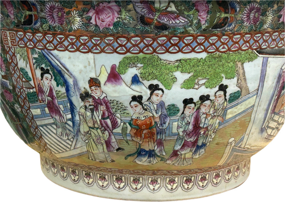 Vintage Chinese Famille Rose People House Graphic Porcelain Bowl Pot Hws4349