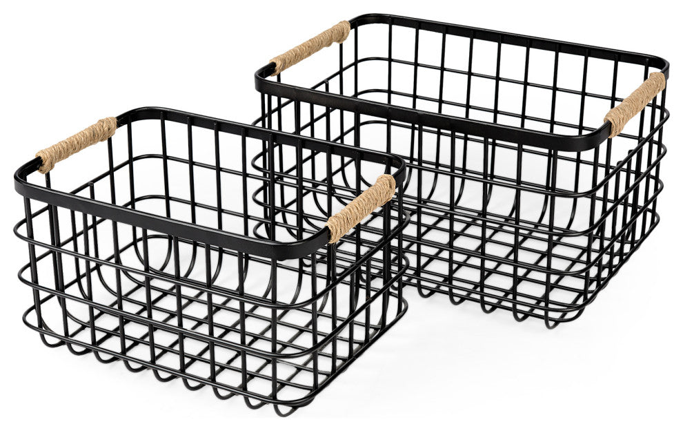 Marius Matte Black Metal w/ Rope Trim Rectangular Baskets (Set of Two)