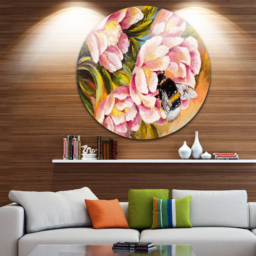 Bee Sitting On Flower, Floral Round Metal Wall Art, 38"