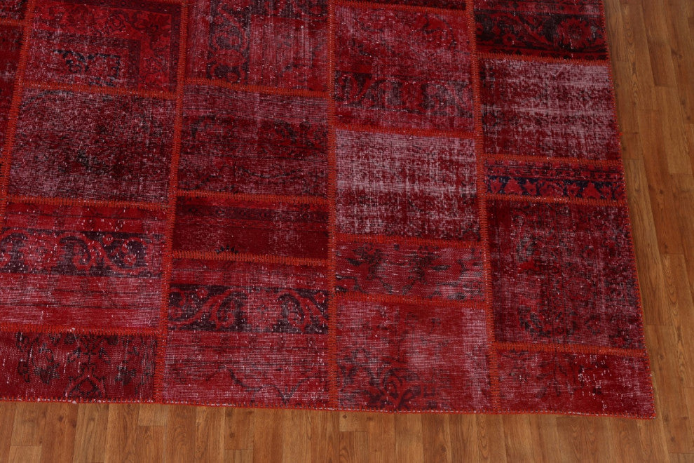 Vintage Red Patchwork Turkish Area Rug Hand-tufted Wool Carpet 10x14