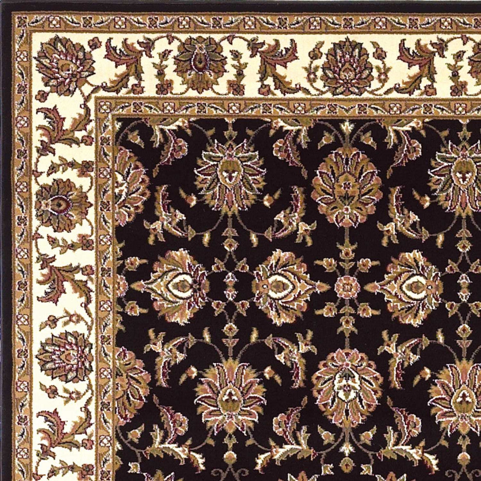 HomeRoots 7' Octagon Black or Ivory Floral Vines Bordered Indoor Area Rug