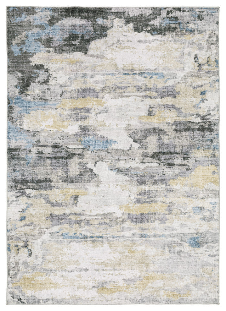 Michaela Machine Washable Distressed Grey/ Blue Area Rug, Ivory, 7'6"x10'