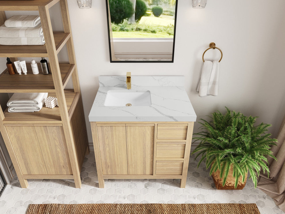 Elizabeth Oak 36" Left Offset Sink Vanity, White 2" Calacatta Laza