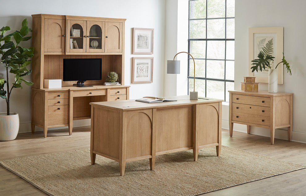 Modern Wood Double Pedestal Desk, Wood Office Desk, Fully Assembled, Light Brown