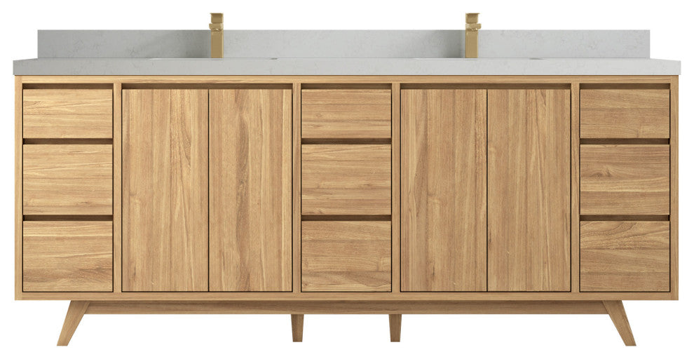 Madison Teak 84 Double Sink Bath Vanity in Light Natural 2" Carrara Quartz