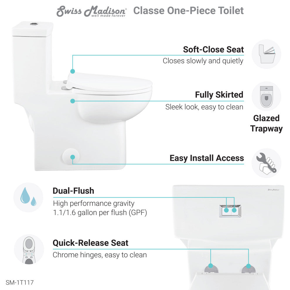 Classe One Piece Toilet Dual Flush 0.8/1.28 gpf, Glossy White