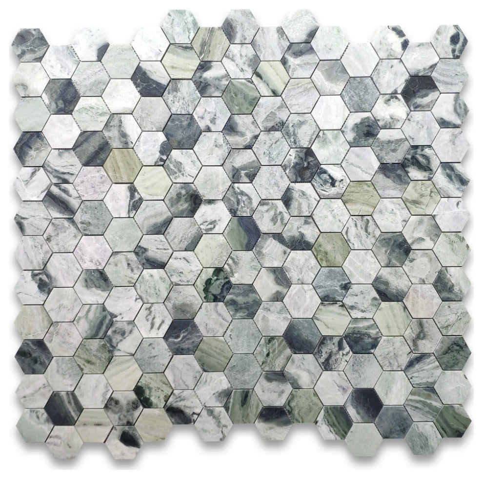 Sagano Vibrant Green Marble 3 inch Hexagon Mosaic Tile Honed, 1 sheet
