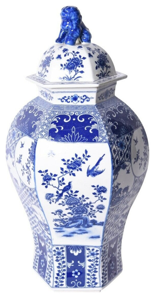 Blue & White Hexagonal Floral Bird Medallion Temple Jar