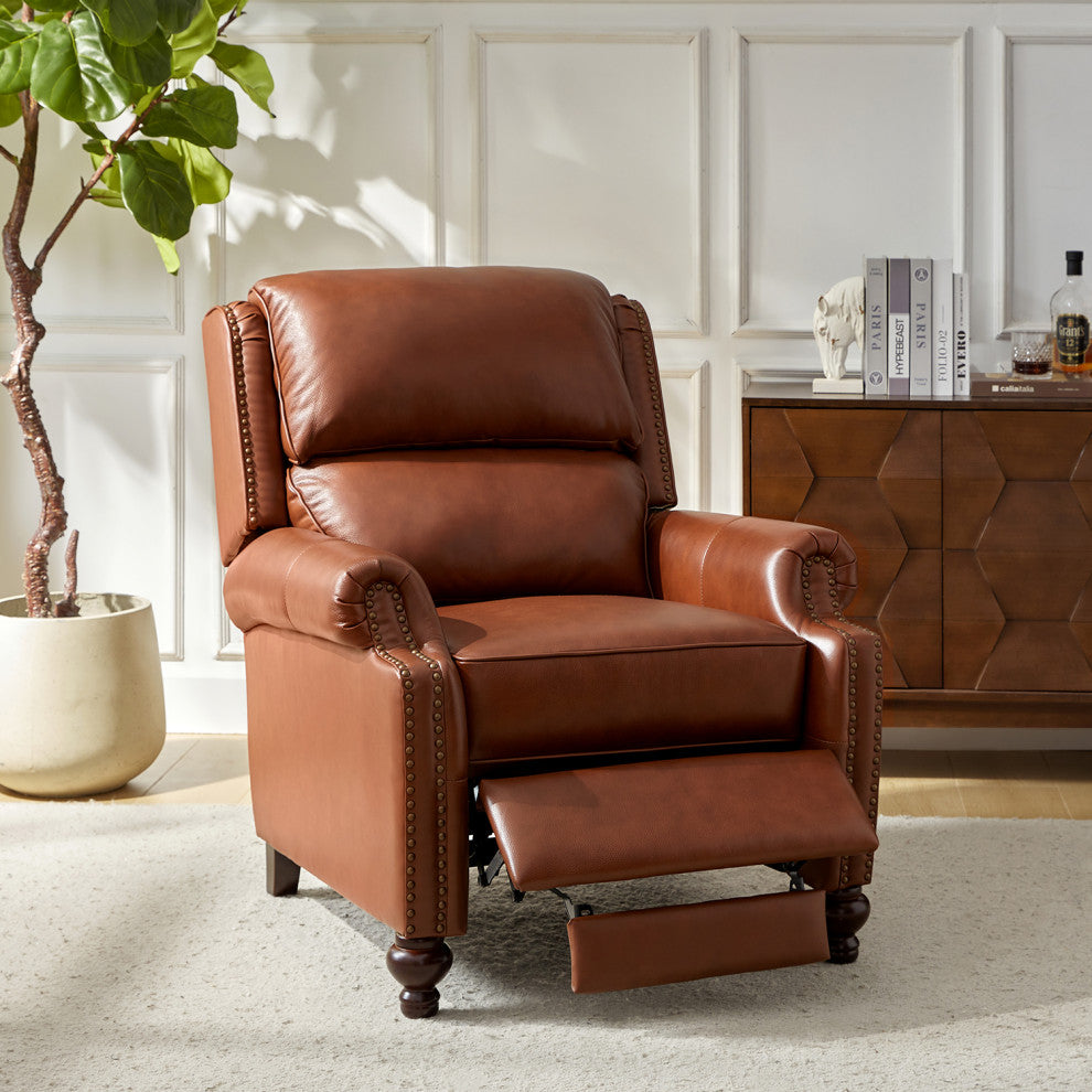Genuine Leather Cigar Recliner With Nail Head Trim, Brown