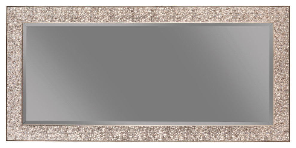 Benzara BM233237 Beveled Accent Floor Mirror With Glitter Mosaic Pattern, Silver