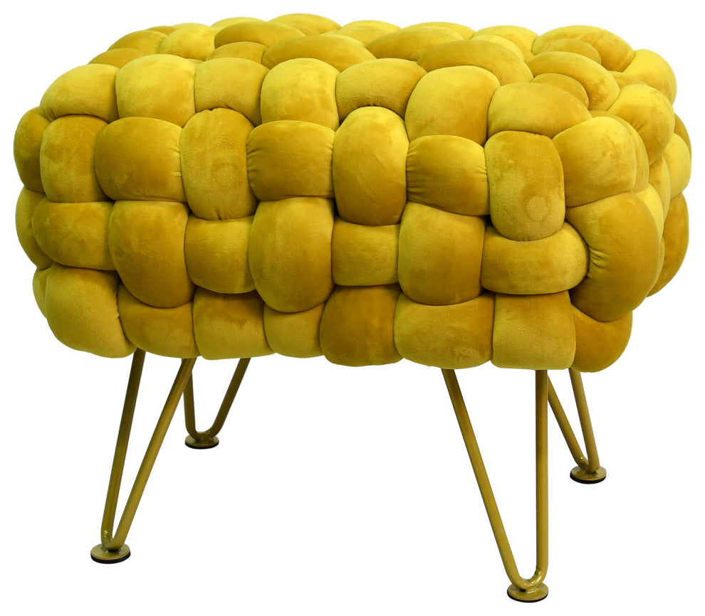 Velvet Pouf Stool Ottoman, Lemon Curry, 27''x20''x20''