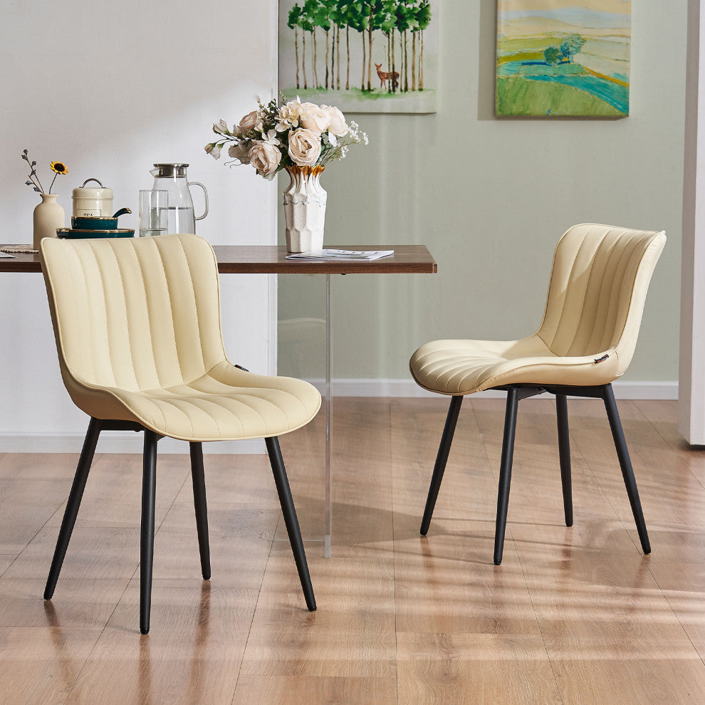 Younike Dining Chair Set of 2, Liner Pattern Faux Leather, Beige