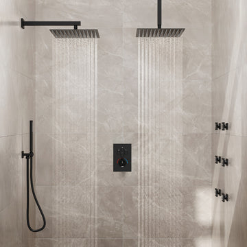 Thermostatic Shower System 12" Dual Shower Heads with Body Jet, Matte Black