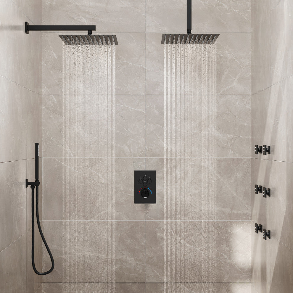 Thermostatic Shower System 12" Dual Shower Heads with Body Jet, Matte Black