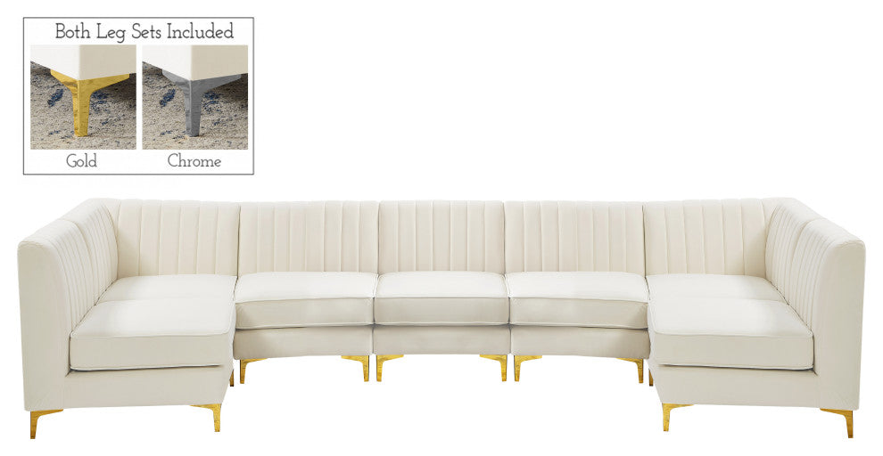 Alina Velvet Modular U-Shaped Sectional, Cream, 7-Piece: 5 Armless Chair, 2 Corner Chair