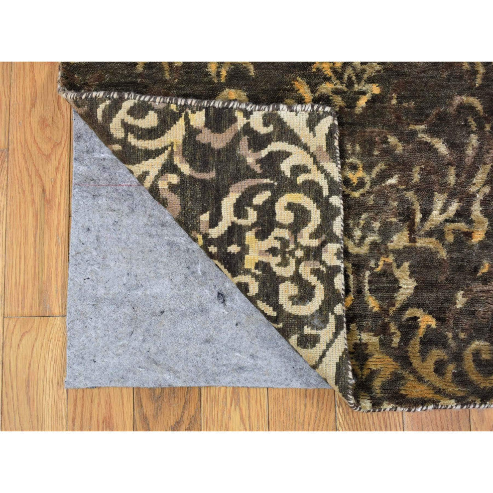 Brown, Modern Damask Hand Knotted, Wool and Silk Wide Runner Rug, 4'8"x18'2"