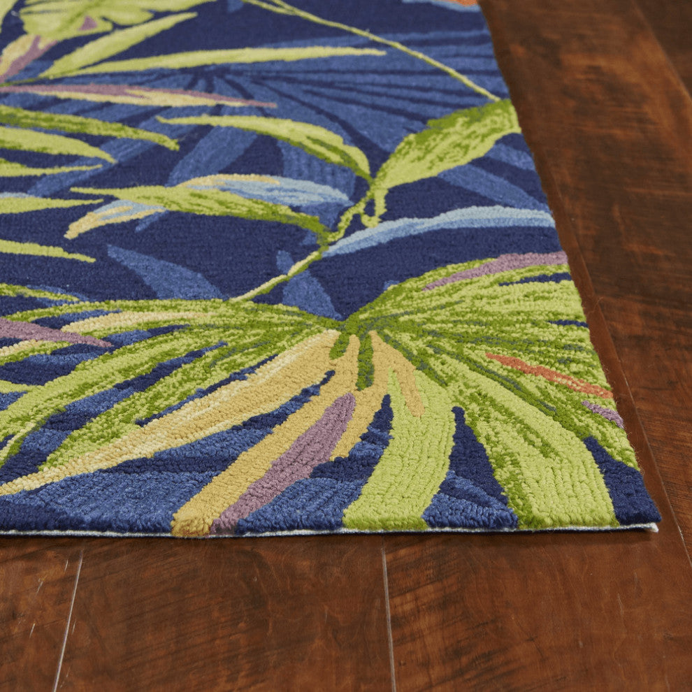 5' X 7' Ink Blue Tropical Leaves Uv Treated Indoor Outdoor Area Rug