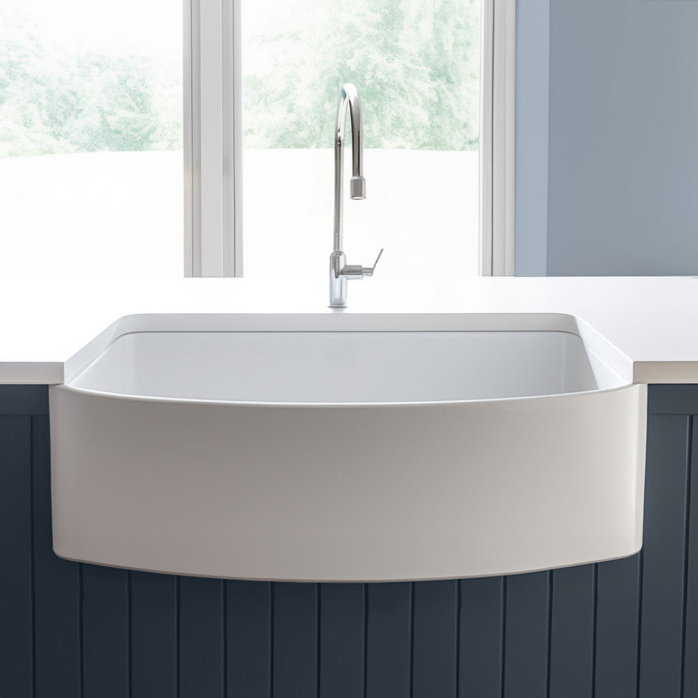 Austen Crisp White Fireclay 33" Single Bowl Bow Front Undermount Kitchen Sink