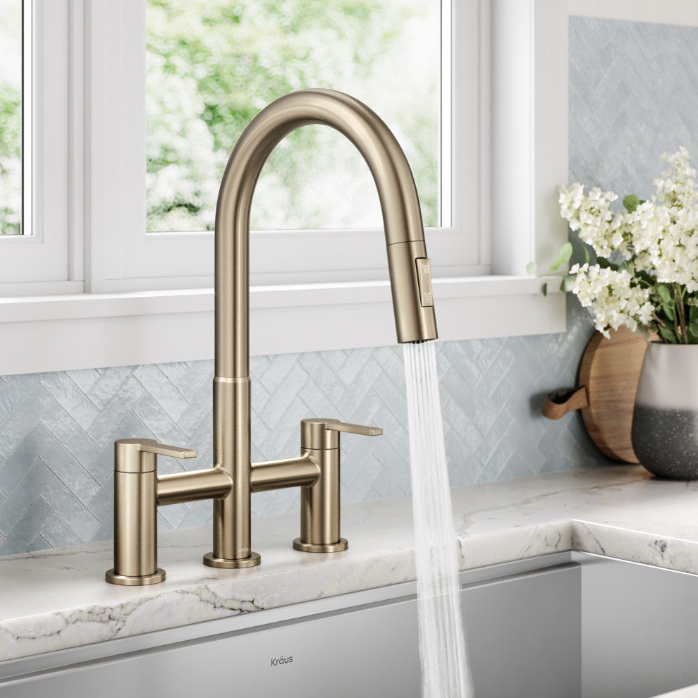 KRAUS Oletto 2-Function Pulldown 3-Hole Bridge Kitchen Faucet, Spot Free ACB