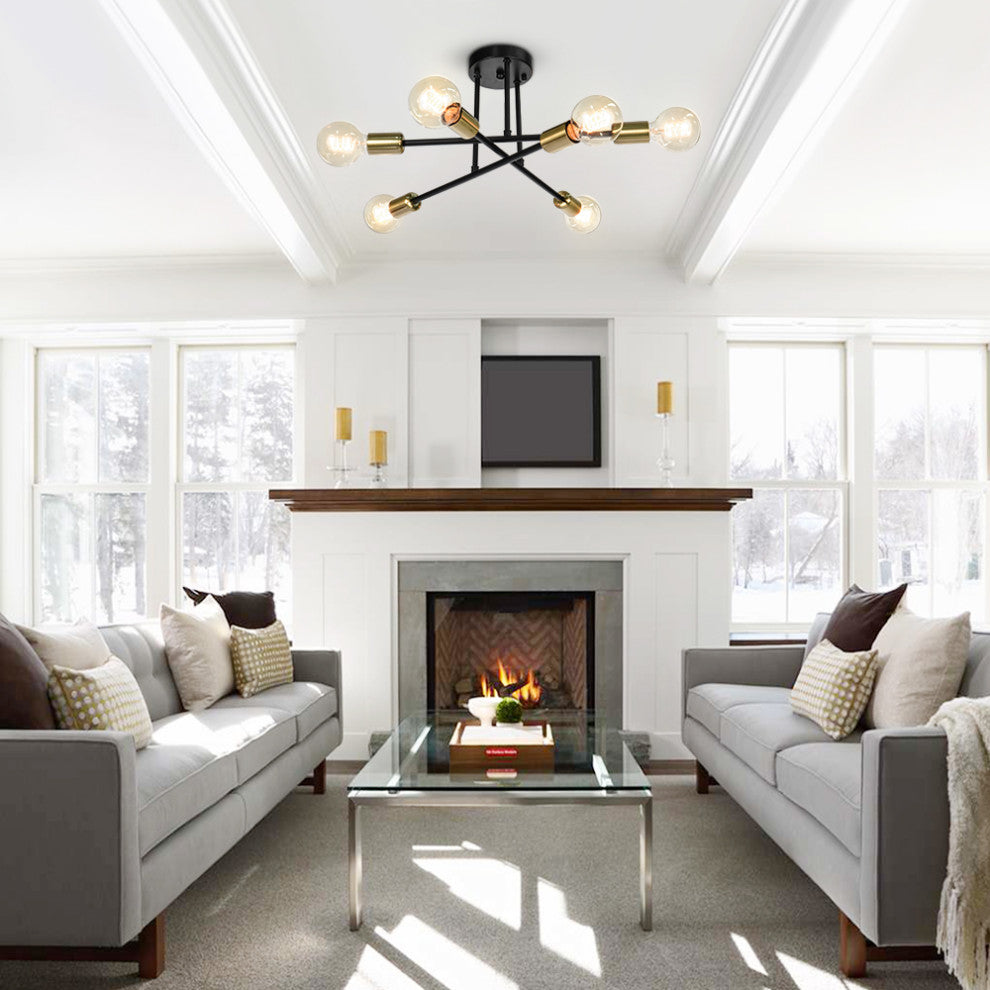 6-Light Sputnik Linear Semi Flush Mount Light, Black