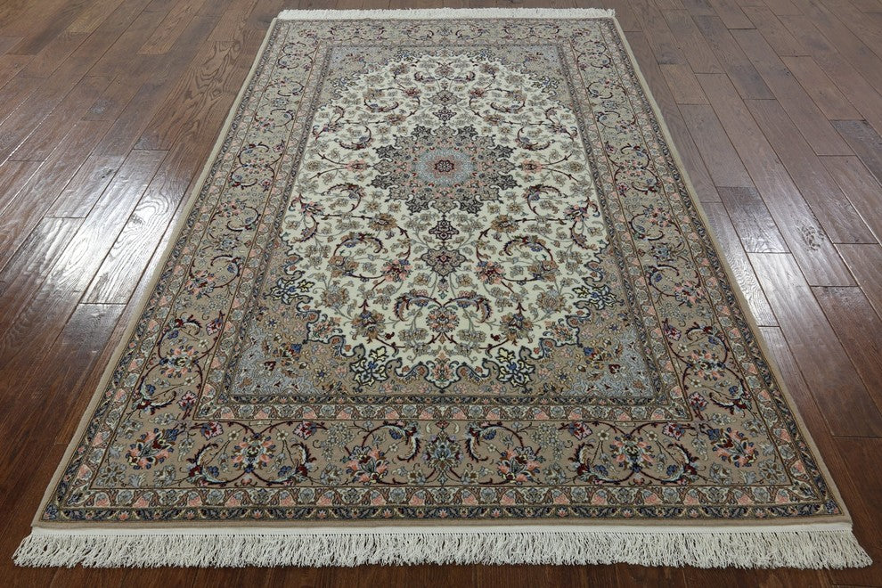 Authentic Persian Isfahan Signed Handmade Wool and Silk Rug, 5'x8'