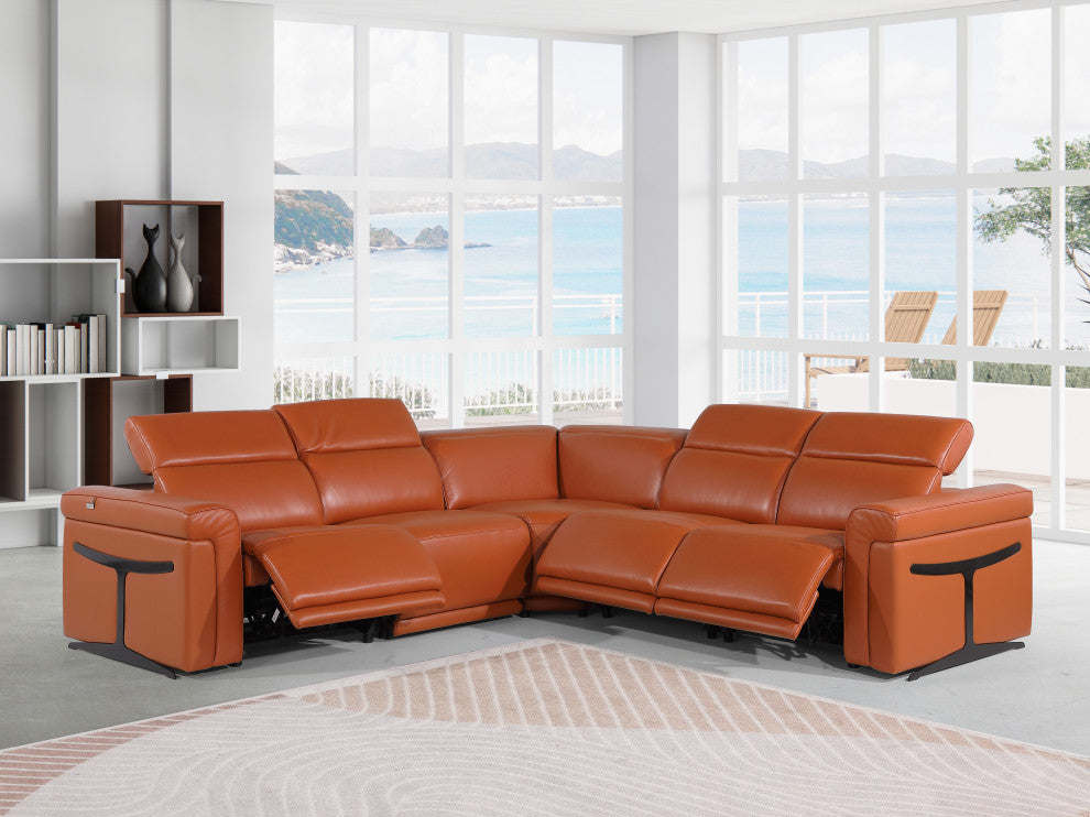 Giovanni 5-Piece 3-Power Reclining Italian Leather Sectional, Camel