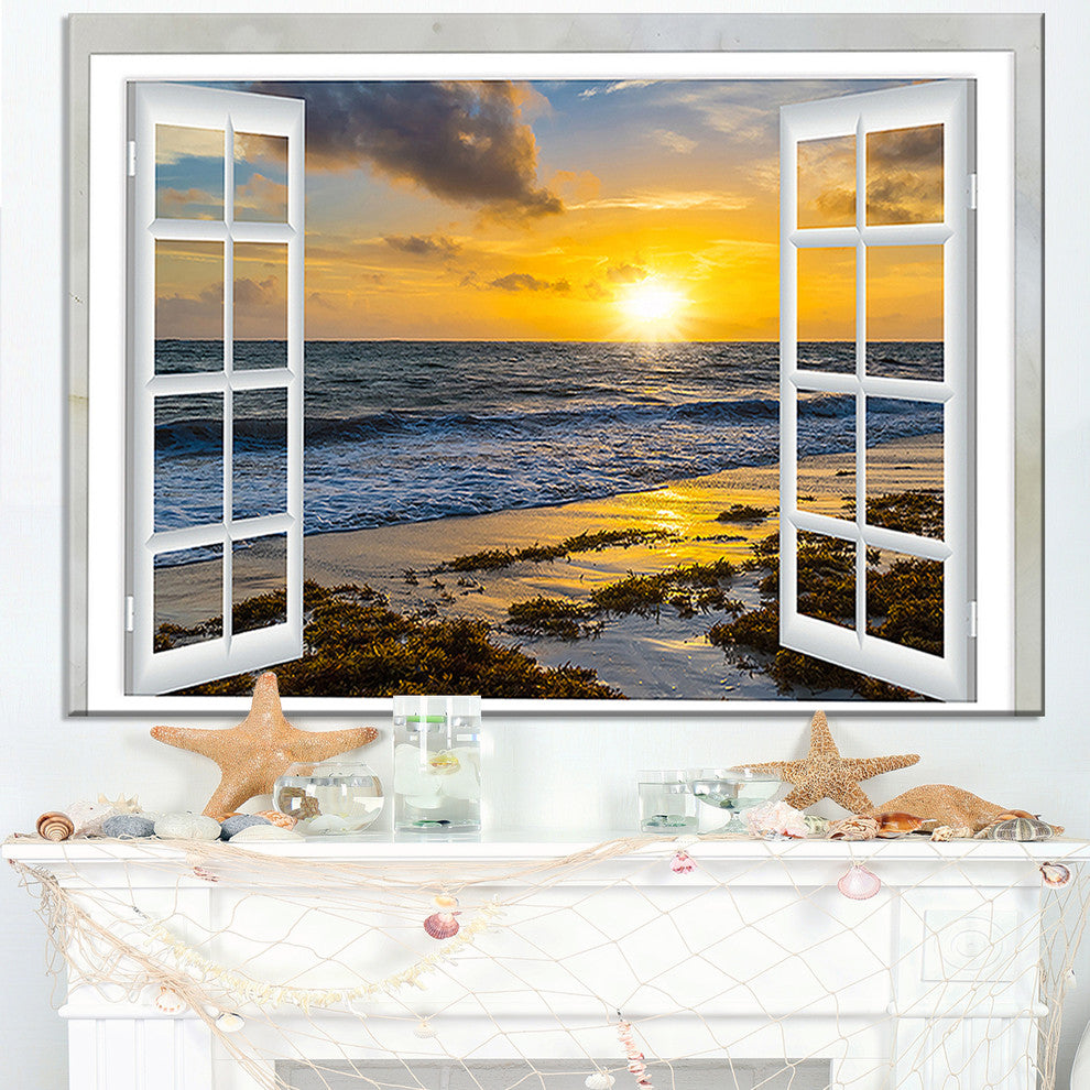 "Open Window To Bright Yellow Sunset" Modern Seascape Wall Art, 40"x30"
