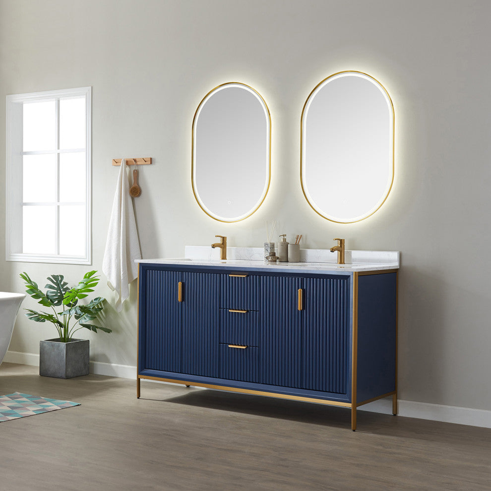 Granada Vanity With White Composite Stone Top, Royal Blue, 60", With Mirror