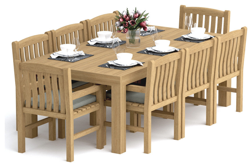 9-Piece Outdoor Patio Teak Dining Set: 86" Rectangle Table, 8 Devon Arm Chairs