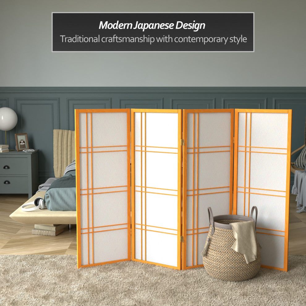 4' Tall Double Cross Shoji Screen, Honey, 4 Panels