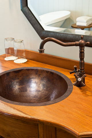 17" Round Hammered Copper Bathroom Sink, 18 Gauge