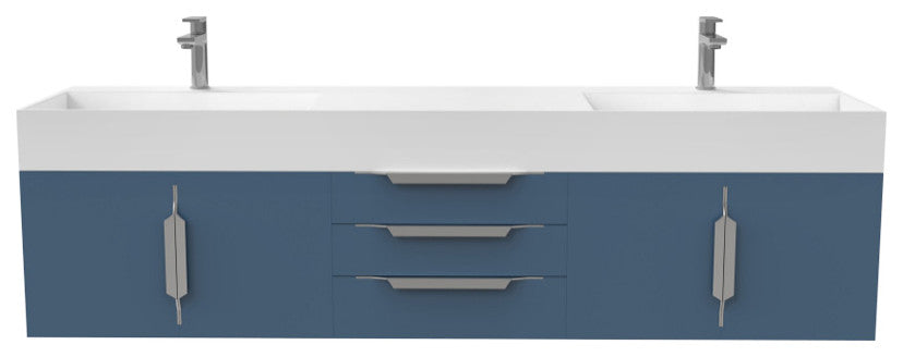 CastelloUSA Amazon 72" Wall Mounted Vanity Set, Blue, White Top, Chrome Handles