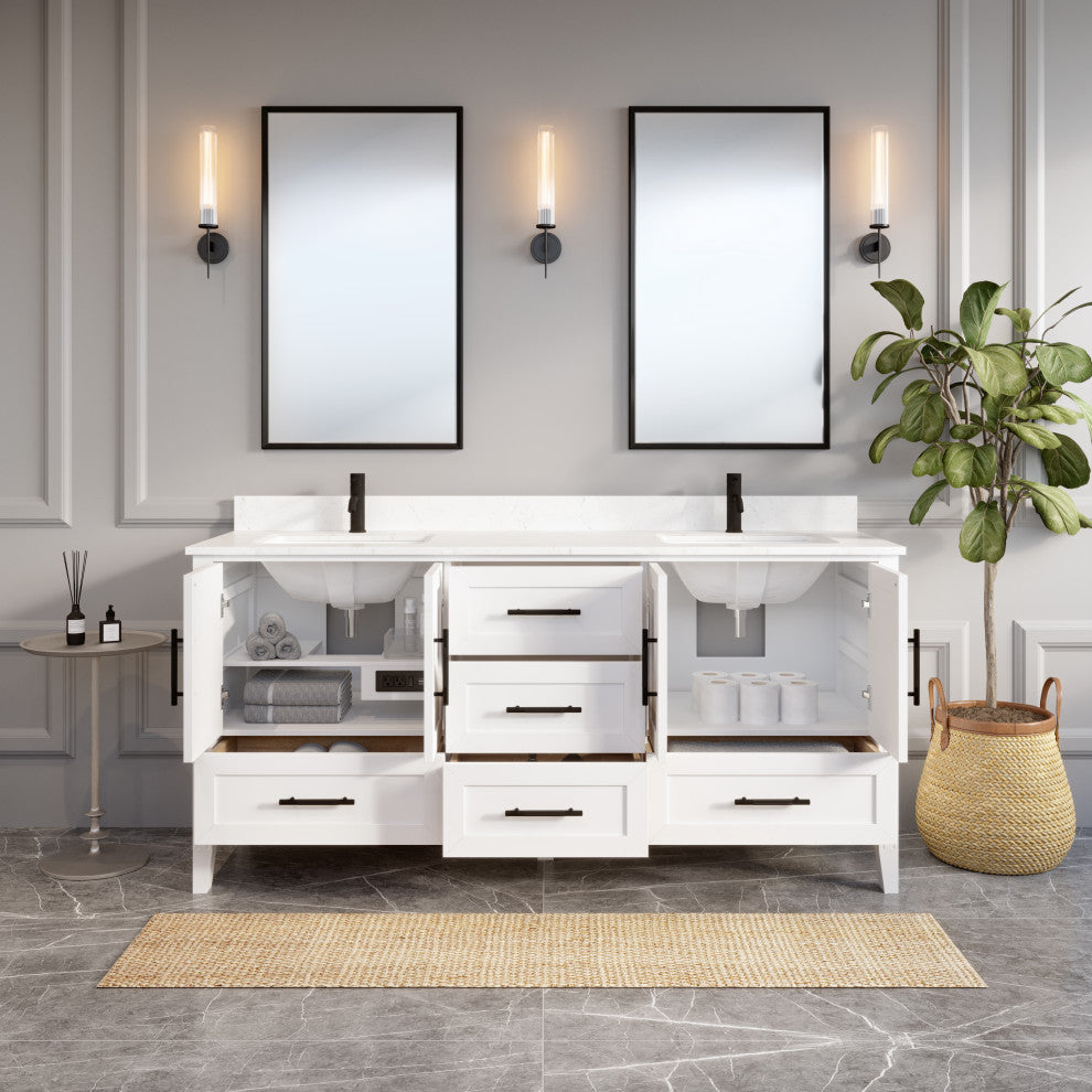 Houston 72" Double Vanity With Power Bar and Drawer Organizer, White