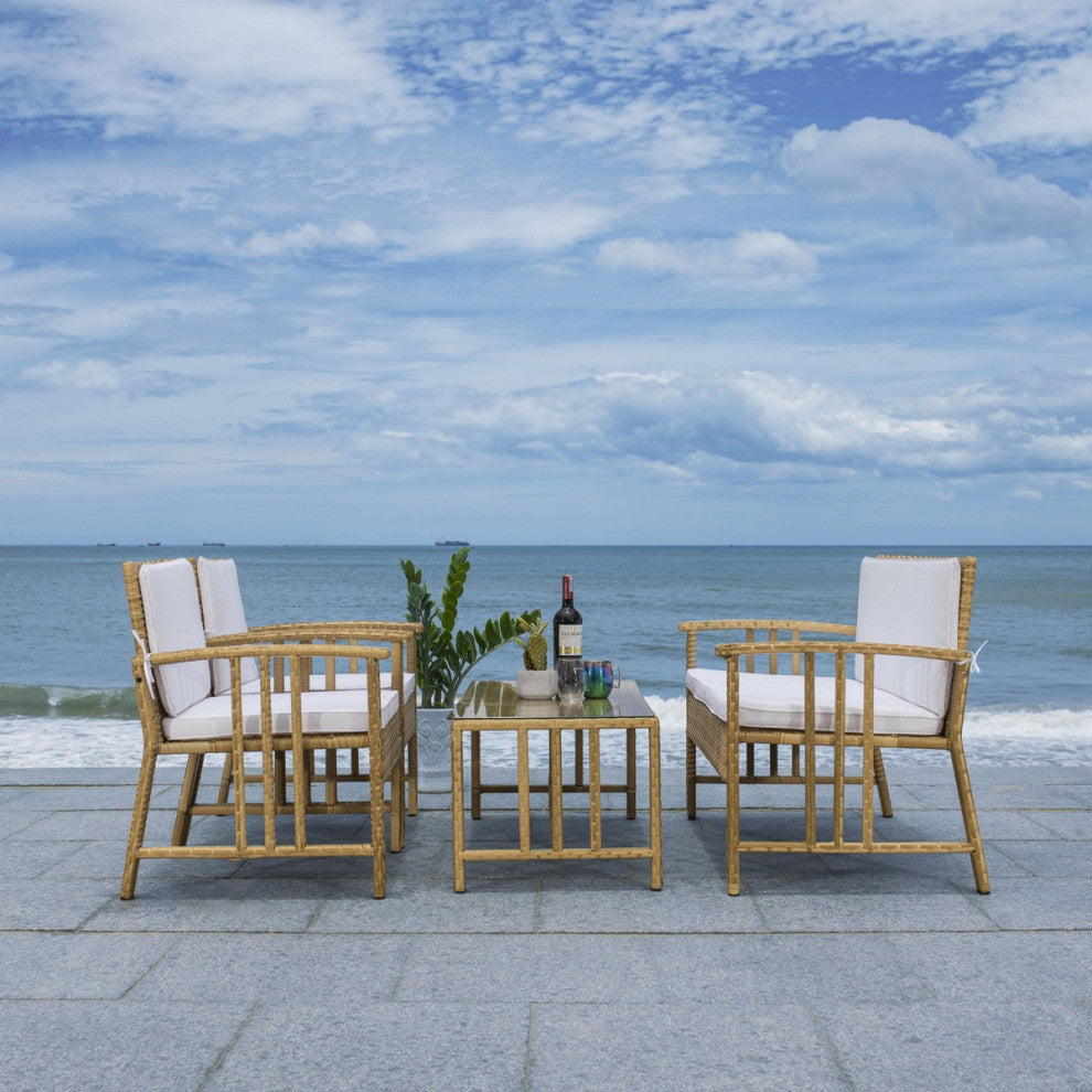 Safavieh Outdoor Reslor 4 Piece Living Set Natural/White Cushion