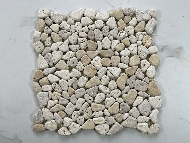 Non Slip Shower Floor Tile Tumbled Pebble Stone Travertine Giallo, 1 sheet