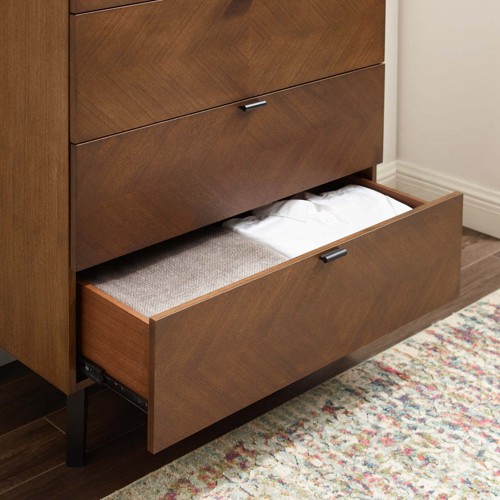 Dresser Drawer Chest Stand, Wood, Brown Walnut, Modern Mid-Century Living Room