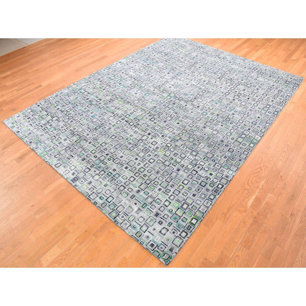 Gray, Silk With Wool, Psefas Square Design Hand Knotted Rug, 9'0"x12'3"