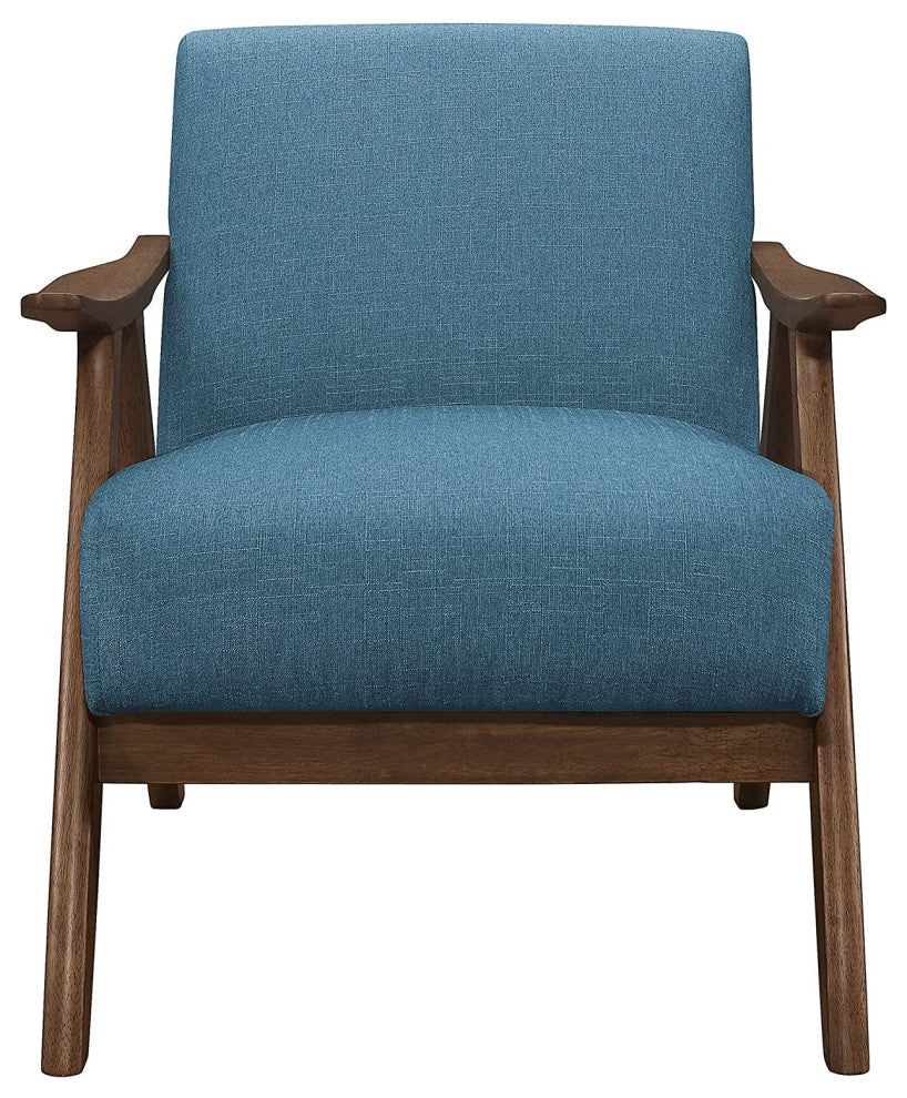 Mid-Century Blue Accent Chair, Walnut Frame, Comfy Upholstered Lounge Seat
