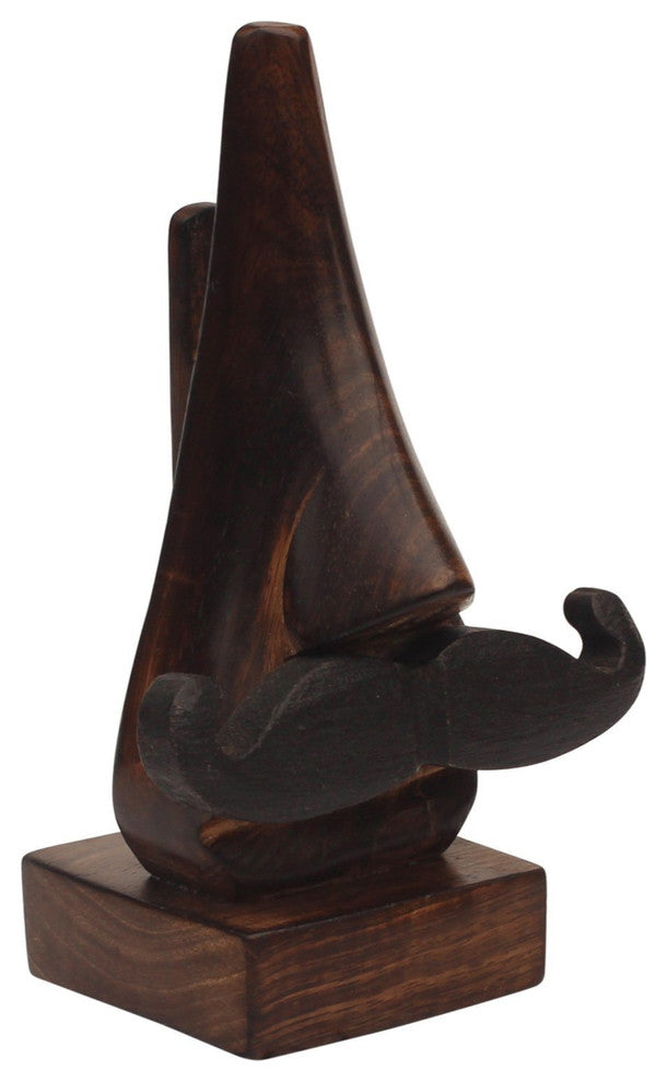 Hand Carved Wooden Nose Shaped Spectacle Holder With Mustache, Brown