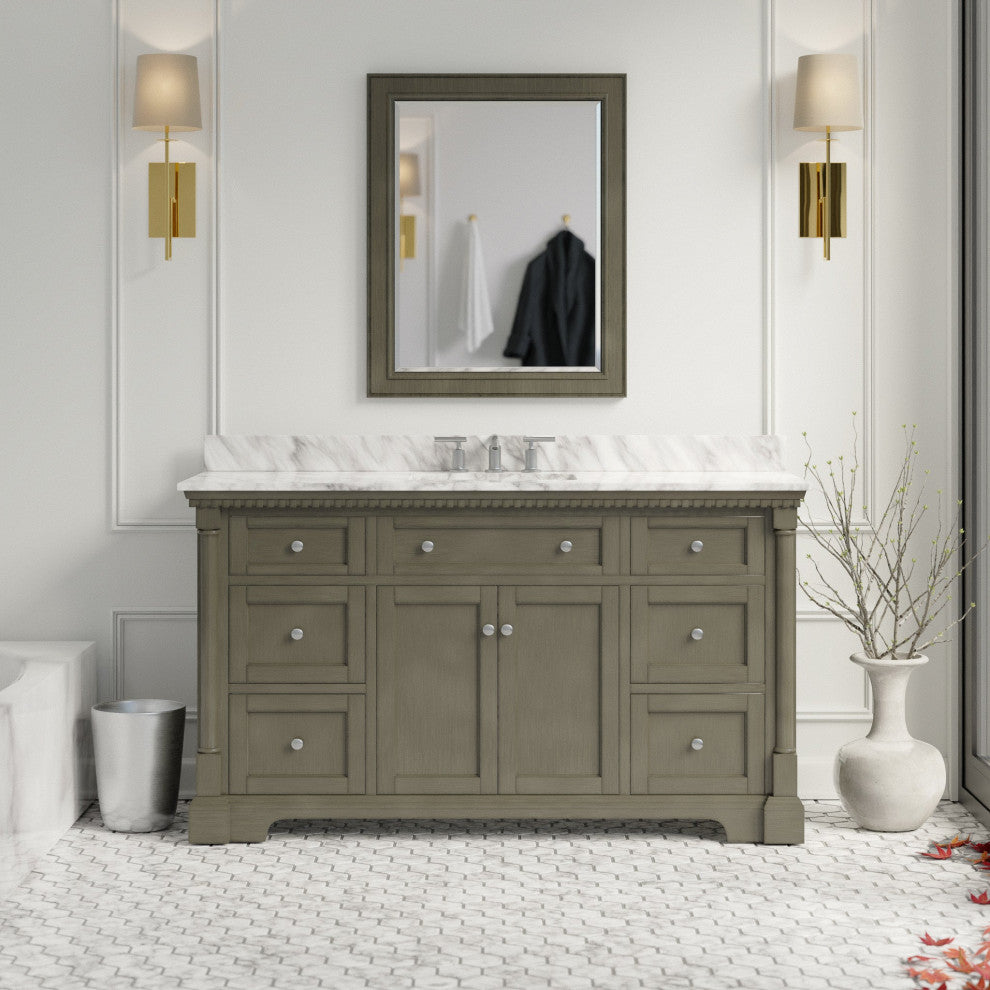 Sydney 60" Bathroom Vanity, Weathered Gray, Carrara Marble, Single Sink
