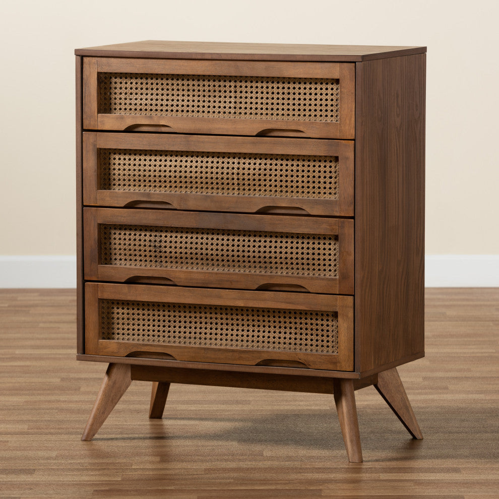 Barrett Mid-Century Brown Finished Wood and Synthetic Rattan 4-Drawer Chest